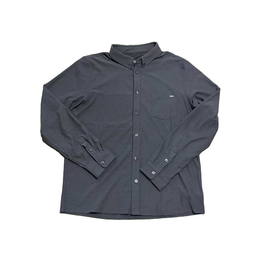 Vuori Mens L Ace Button Down Long Sleeve Shirt Gray Performance Athleisure Logo